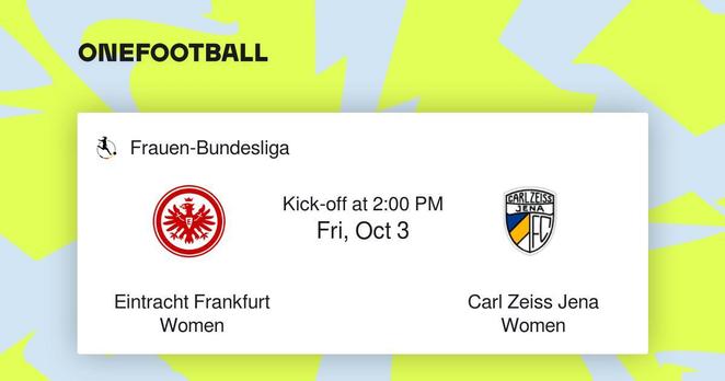 Dieses Bild zeigt eine Anzeige für ein Frauenfußballspiel. Der Hintergrund ist in einem hellen Gelbton gehalten. In der Mitte des Bildes befindet sich Text und zwei Logos, die die beiden gegnerischen Mannschaften repräsentieren. Das Logo auf der linken Seite zeigt ein Emblem für "Eintracht Frankfurt Women". Das Logo auf der rechten Seite zeigt ein Emblem für "Carl Zeiss Jena Women". Darüber befindet sich Text, der "Frauen-Bundesliga" und darunter "Kick-off at 2:00 PM Fri, Oct 3" sagt.