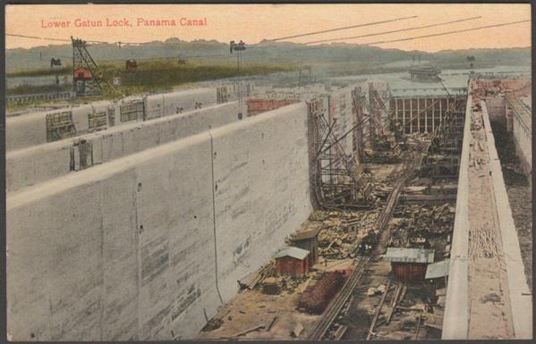 Printed colour postcard showing a view of the Lower Gatun Lock on the Panama Canal.
Published by Underwood & Underwood, New York, No 143-25, c.1910s.
Postally unused.
Good condition, with very slight corner bumps and light album marks.