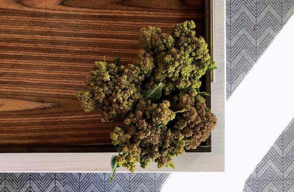 Photograph of four heads of Romanesco cauliflower, with their green colour tending towards red at their tips, with some green leaves still remaining, placed in a brown wooden tray, on a white painted wooden table, on a grey herringbone patterned rug, with a ray of sunlight on the right side.