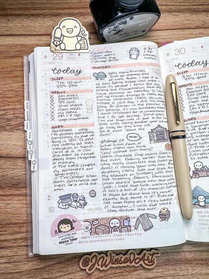 A journal page open to two days of entries, featuring handwritten notes, a sleep log, habits, and tasks. Decorative illustrations and stickers are present, including a character holding a mug. A bottle of ink and a pen are placed nearby.