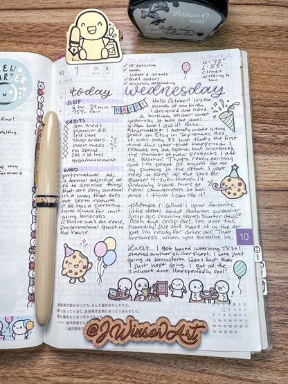 A open planner page showcasing handwritten notes and illustrations. The entries include daily habits, weather details, and personal reflections. Decorative stickers, including a character with a noise maker, balloons, and a wooden tag with “@JWinsorArt".