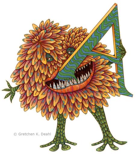 Graphite and colored pencil drawing of a large petal covered creature in yellow, orange and green/blue spots. She happily gnaws on her absolute favorite letter, A, with shark-like teeth.
