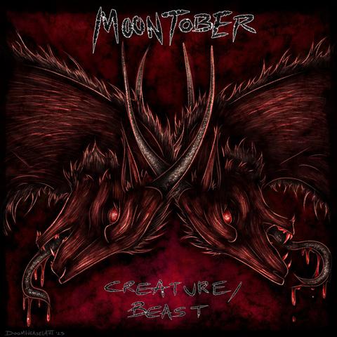 Two goat like creatures with sharp teeth, red eyes and drooling tongues with their heads together.

Text reads (top): moontober, (bottom): creature/beast