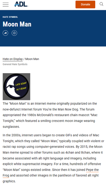 Image depicts the "Moon Man" symbol, a circular graphic featuring a crescent moon with a smiling face wearing sunglasses. The text "LATE NIGHT ALT-RIGHT" is prominently displayed above the moon. This image is associated with a controversial internet meme…