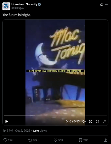 The image features a sign reading "Mac Tonight," with an animated character resembling a crescent moon and a face. The text overlay states, "LIFE AFTER ALL CRIMINAL ALIENS ARE DEPORTED." The background has a night scene…