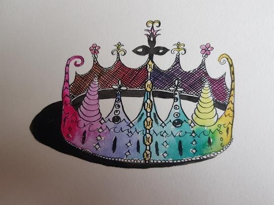 Une couronne aux reflets arc en ciel ornée de perles et pierres précieuses.
encre de chine et aquarelle.