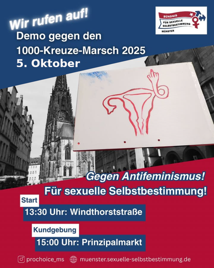 Demo-Plakat gegen den 1000-kreuze-marsch. Hintergrund ist blau und rot. in der mitte ist ein Foto vom prinzipalmarkt und einem demo-schild, auf dem der uterus gemalt ist und einen mittelfinger zeigt