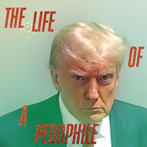 Donald Trump's mug shot super imposed onto Taylor Swift's new album cover except it says The Life Of A Pedophile instead of The Life Of A Show Girl