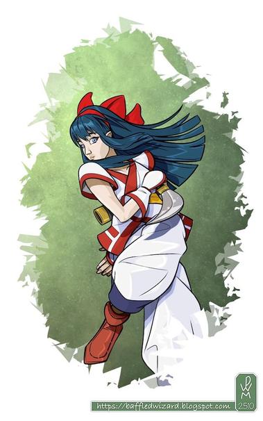A drawing of the character Nakoruru from the videogame series Samurai Shodown. Nakoruru is a woman with long, straight dark hair, blue-grey eyes and pale skin. She's dressed in a short-sleeved white gi with red trim, with a large red ribbon tied behind her head. She's shown leaping up into the air and spinning, a kodachi sword held in reverse grip in her right hand.