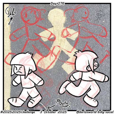Two drawings of Darlo. The background is a photo of a pedestrian symbol painted on the floor, that looks like it is going both left and right like an optical illusion. The drawings of Darlo show the two ways you can see it: walking left he has big feet; going right he is frolicking and skipping along.