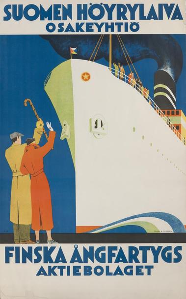 Värillinen artdeco tyylinen paperijuliste 1930-luvulta.

Julisteen yläreunassa lukee suomeksi: Suomen Höyrylaiva Osakeyhtiö, ja julisteen alareunassa ruotsiksi: Finska Ångfartygs Bolaget.

Julisteen kuvan alaosassa on myös teksti: Öflund & Pettersson.

Julisteen kuvassa on hallitsevana laivan keula ja laiturilla mies ja nainen, jotka heiluttavat laivan kannella näkyville ihmisille.

Finna.fi file ID 746624
