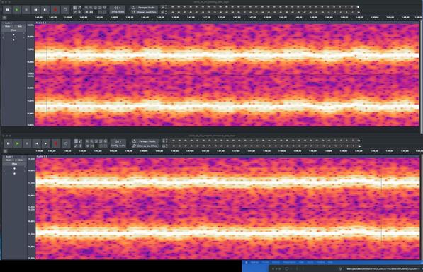 A comparison of two spectrograms of a 16 kHz signal. The one on the top is obtained with the ball bearing mod of the tape transport of the B77. The one on the bottom is obtained with the factory configuration. The flutter seems slightly more pronounced with the ball bearing configuration.