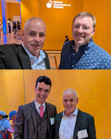 A two-photo collage against a golden wall with the National Organization on Disability logo projected. Top: two people pose for a selfie in semi-formal attire. Bottom: the same suited person smiles beside another guest in a vest and tie who holds a white cane. Both pairs stand close, relaxed, and cheerful.