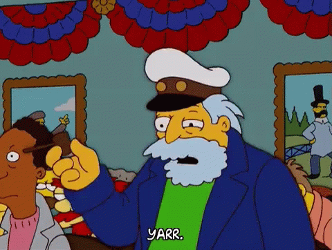 Dejected, the Simpsons’ sea captain sits back down in his seat: with a mournful “Yarrgh”. Neither is the marlin under his arm impressed.