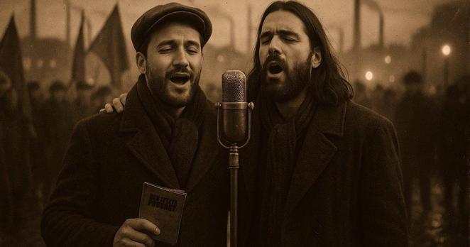 Mit KI generierte satirische Darstellung, die Vorfahren von Daniel Pook und dem Kaffeemann aus "Der Letzte Podcast" zeigen soll, während diese vor einem Mikrofon singen. Im Hintergrund Fabriken, Arbeiter und Fahnen. Das Bild ist in Sepiatönen gehalten und soll den Eindruck eines alten Analogfotos erwecken.