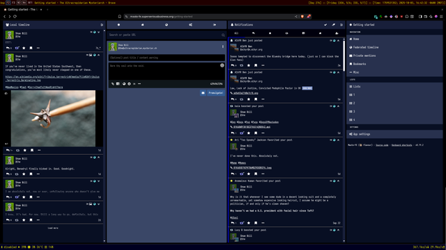 A screenshot of the masto-fe frontend for GoToSocial "riced out"—according to my personal definition of that.  Various shades of blues and blue-grays, and black.  High contrast, high density.  Blends in nicely with the bottom bar on my main screen (as shown here).