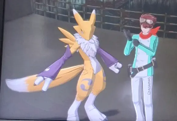 Screenshot of Digimon Story Time Stranger with Renamon and the male protagonist