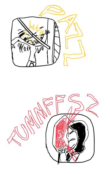 The image features two illustrated panels. The top panel shows a person with a distressed expression, striking a barrier with a yellow explosion effect nearby, and the word "PAIN" in a bold, yellow font.