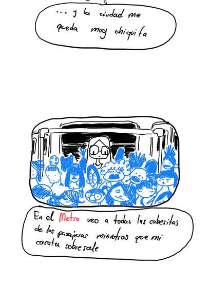 “ y la ciudad de queda muy chiquita” Cuadro horizontal donde se muestra a un personaje en el suburbano viendo desde arriba las pequeñas cabecitas azules que quedan por debajo. La ilustración es minimalista en blanco y negro “ En el metro veo todas las cabecitas de los pasajeros mientras que mi carota sobre sale”.