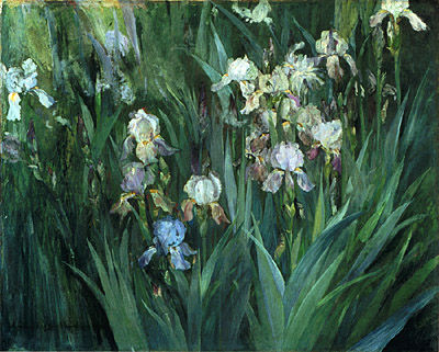 A Realist painting of a group of blooming irises, among foliage.