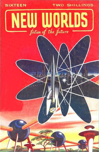 A figure with multiple ellipses around a central point, as in a planetary system or atom, contains a scene of a launch pad at night with a silver rocket ship. This is superimposed on a scene with a red sky and interconnected spheres, a futuristic tower, and tropical-looking trees.
New Worlds magazine cover from 1952.