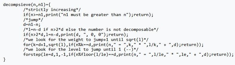 Algorithm of the decomposition into weight × level + jump in PARI/GP from the OEIS Wiki