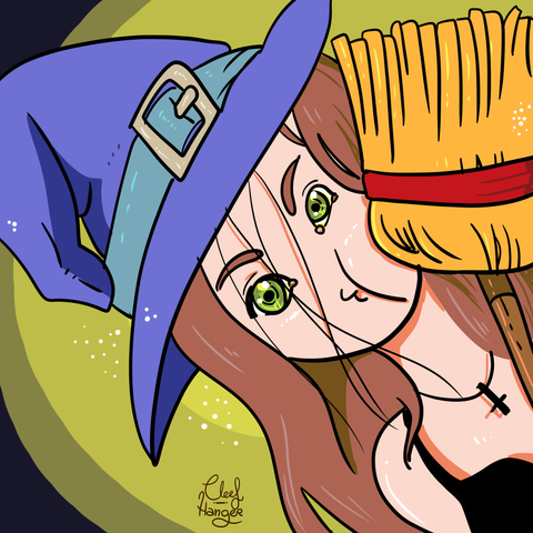 A long brown haired girl with a purple pointy hat and a black shirt with a pendant of an inverted cross. She is bend to one side and the broom is touching her cheek making a fun cute face. She has green eyes. The background is dark with a yellow light, some white powder sparckles suround the witch.