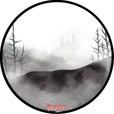 Painting of a creepy, crumbling castle enshrouded in fog