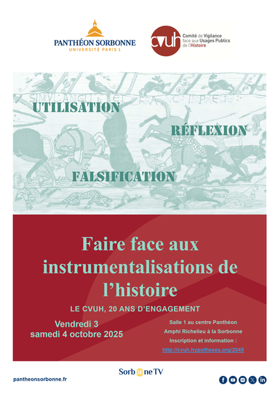 Affiche du colloque. L'illustration est un détail de la tapisserie de Bayeux (une scène de bataille) sur laquelle est écrite : Utilisation Réflexion Falsification.