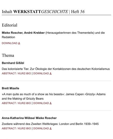 Inhaltsverzeichnis (Auszug) von WerkstattGeschichte 56/2011