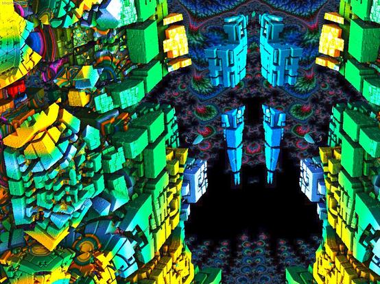 lime green and yellow blue mandelbulb cube shapes over fractal background