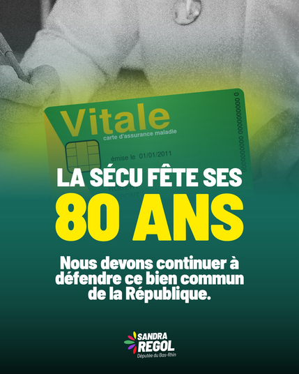 La sécu fête ses 80 ans : Nous devons continuer à défendre ce bien commun de la République.  Illustration : une carte vitale avec une photo d’un médecin en arrière plan sur fond vert Logo de Sandra Regol