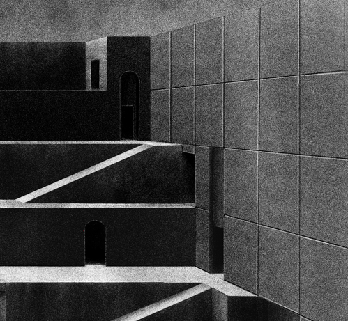Details from a bigger illustration in black and white. Stairs, wall and door in a expressionist style similar to old german movie. A little bit abstract too