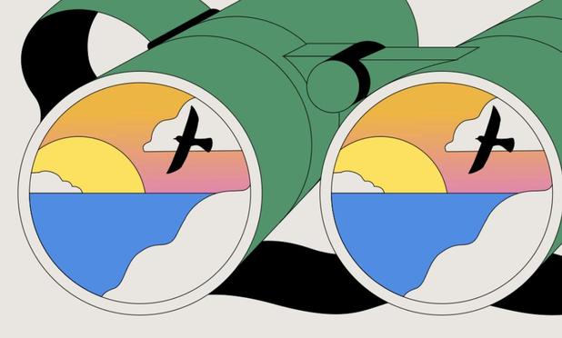 A binocular view of a sunny horizon with ocean and bird – a perfect stock-style LinkedIn visual, here used ironically as a cliché for “new perspectives” and “career milestones.”