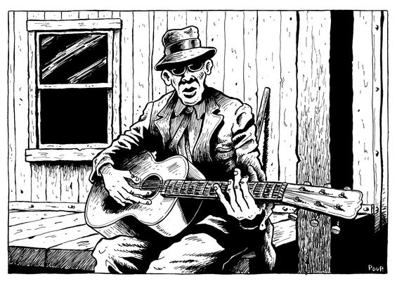 Un bluesman est assis tranquillement devant une maison en bois. Il joue sur sa guitare un vieil air du Delta.

A bluesman sits quietly in front of a wooden house, playing an old Delta tune on his guitar.