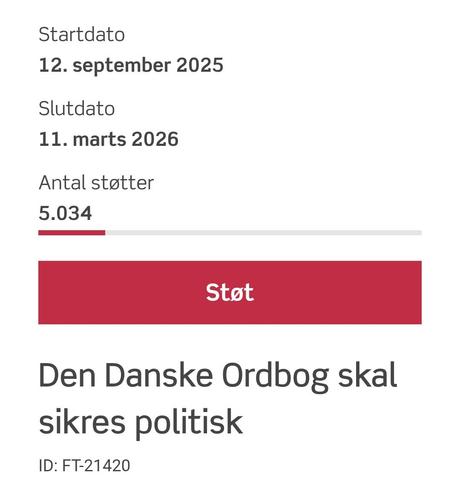Skærmbillede af borgerforslaget "Den Danske Ordbog skal sikres politisk" med startdato 12. september 2025, slutdato 11. marts 2026 og 5.034 underskrifter (ud af 50.000)
