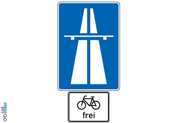 Autobahnschild mit den Zusatzschild "Fahrrad frei"