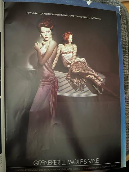 An ad for mannequins from a German mannequin catalogue or magazine from 1984, showing two female mannequins in elegant silk dresses.