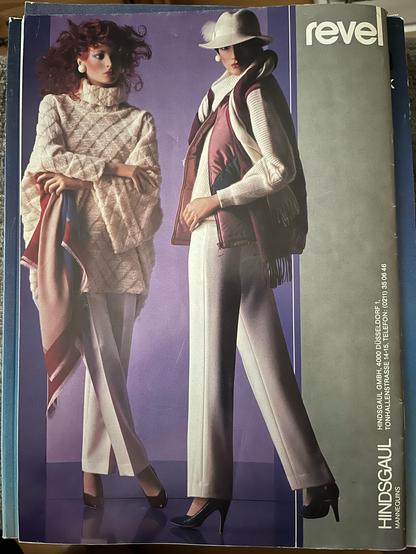 An ad for mannequins from a German mannequin catalogue or magazine from 1984, with two female mannequins in fancy 1980’s styled clothing.