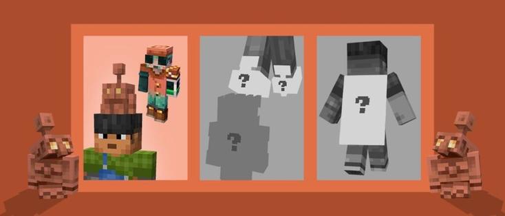 Three Minecraft panels: left shows colorful characters with copper golems, middle and right show grayscale figures with question marks.