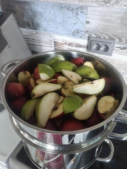 Äpfel und Birnen geviertelt in einem Dampfentsafter