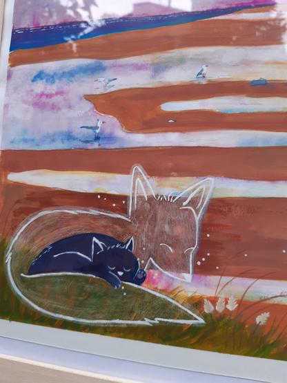 Détail du tableau : un chat noir fait la sieste. Contre lui est lové un grand fennec dessiné en transparence.
