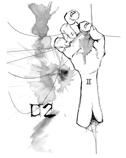 A pen and ink drawing, created using brushes and fineliner pens, showing a disembodied forearm and hand pulling a thread downward. Another thread attaches to the forearm from below, implying that the hand is pulling its own string and unraveling itself. There are other strands of fiber hanging loosely about the hand. The number 02 appears to the left, and a column of messy, diluted black ink adds texture to the negative space.