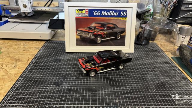 Finished model of a 1966 Malibu SS by Revell in 1:24 scale.