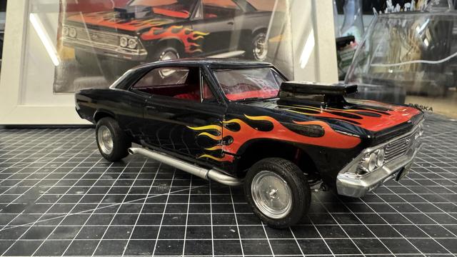 Finished model of a 1966 Malibu SS by Revell in 1:24 scale.