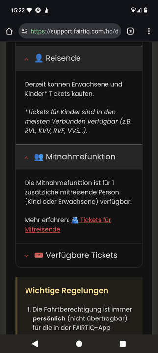 Screenshot aus der Hilfe der Fairtiq-App mit dem Hinweis, dass nur 1 Mitfahrer möglich ist.