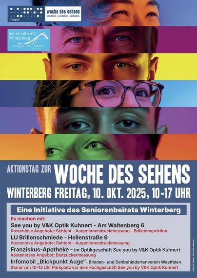 Veranstaltungsplakat. Obere Teil mit sechs verschiedenfarbige Bildstreifen, die jeweis zwei Gesichtsabschnitte der Augenpartien mit oder ohne Brille zeigen. Darunter der Infotext: Siehe Beitrag