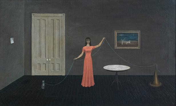 A woman in a long short sleeved salmon-colored dress stands in the middle of a dark room. She holds a long string behind her back, one end attached to the collar on a cat, the other to an object the shape of a traffic come, kind of a dull brass color. A painting of a running horse in a dark landscape that includes a bare-branched tree hangs on the wall. There is a small circular table with a white (marble?) top beside the woman. At the left background, tall double doors with doorknobs. On the far left wall, a blank sheet of paper seems to be tacked up.