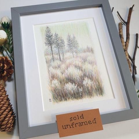 I was experimenting with new techniques in colour pencil for this drawing, but as it has been popular on social media I am putting it up for sale at a special low price.
An A5 landscape drawing of a very pale soft toned winter rural scene with clumps of grasses in the foreground and trees in the background. The drawing is on white paper.
An original art work, sold unframed.
Colour pencil and mixed media on acid free toned artist paper
Size A5 (148 x 210mm / 5.8 x 8.3")