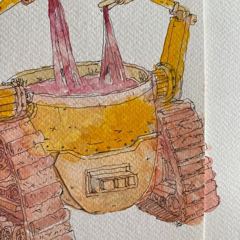 Detalle de la ilustracion, robot con color amarillo en manchones de distintos tonos y linea negra de tinta.